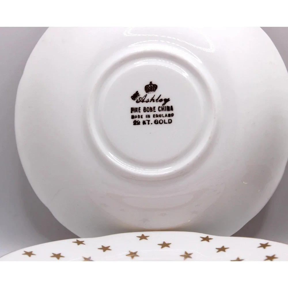 Ashley Fine Bone China cup/saucer/3 Small Plates/White With Red rings/gold stars